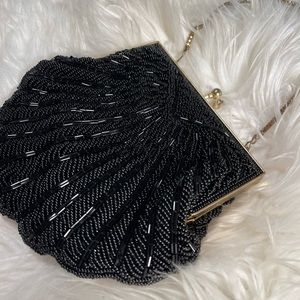 Vtg Beaded Walborg Black Art Deco Clam Shell Kisslock Clutch evening bag purse